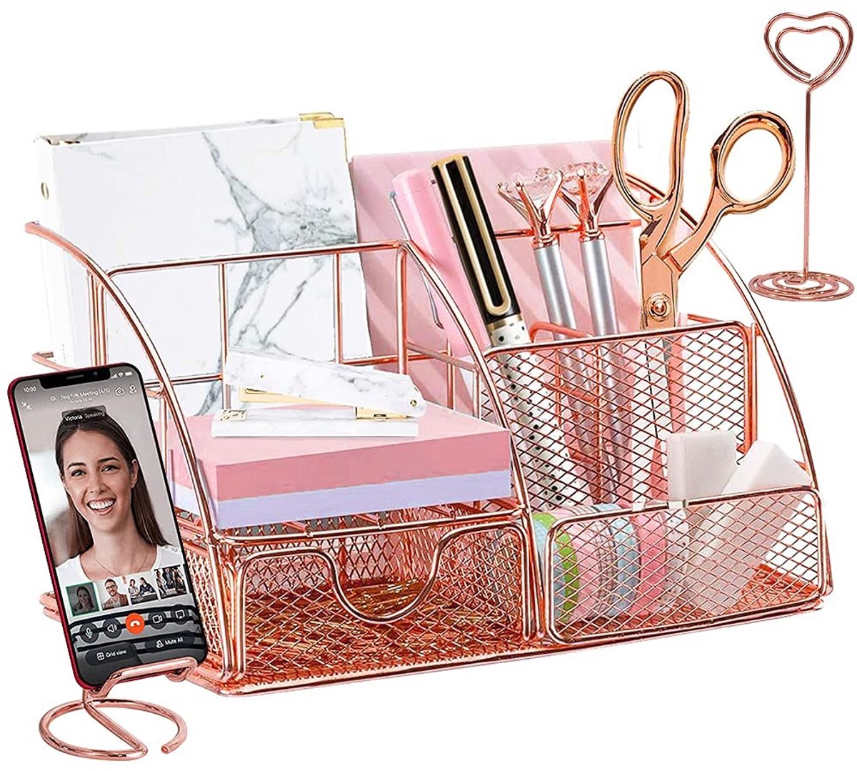 Solidchoice - Rose Gold Bureau Organizer met Telefoonhouder en Pennenbak - Metaal Desk Accessoire