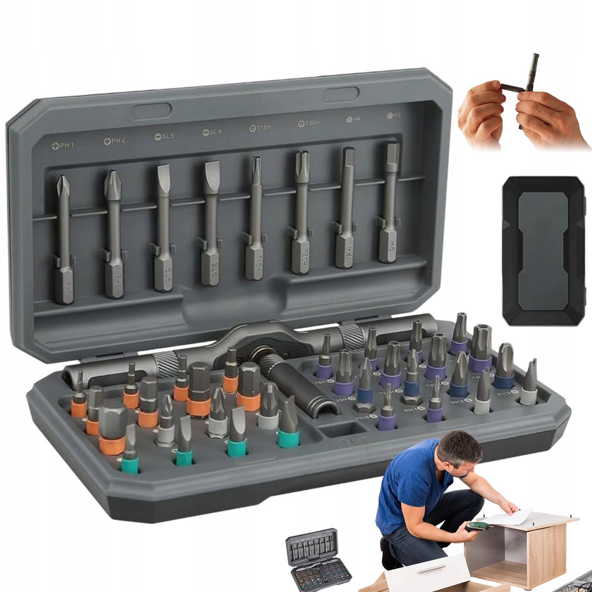 Magnetische Schroevendraaierset 42 Delig met Ratel - Aluminium
