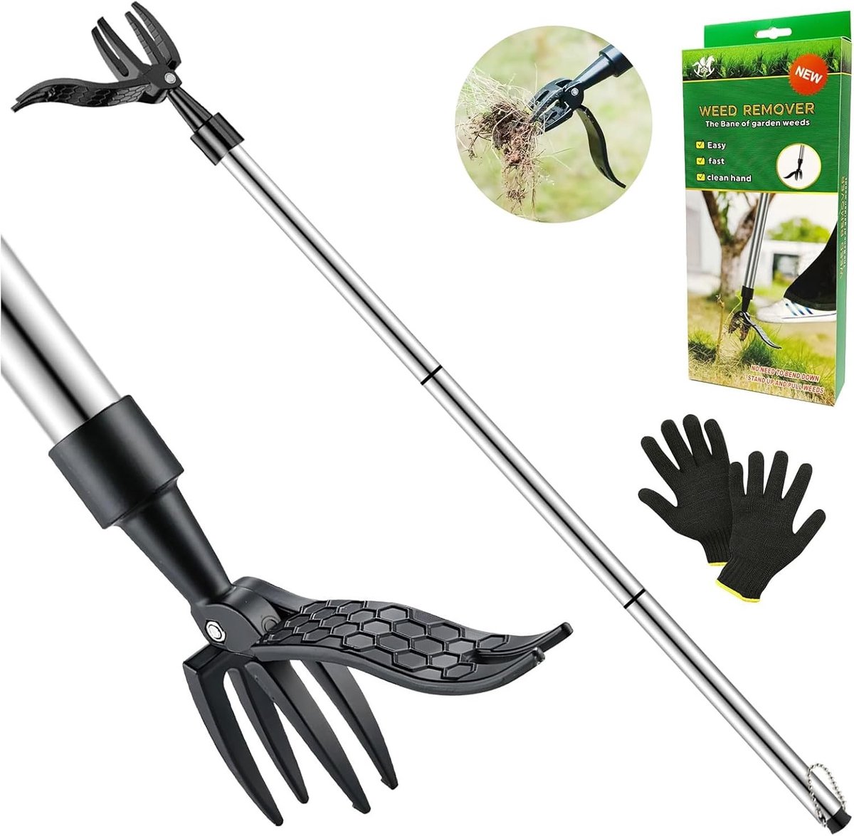 Onkruidverwijderaar - Roestvrij Staal - 102 cm - Staande Onkruidsteker met Afneembare Klauwen - Voor Tuin en Terras