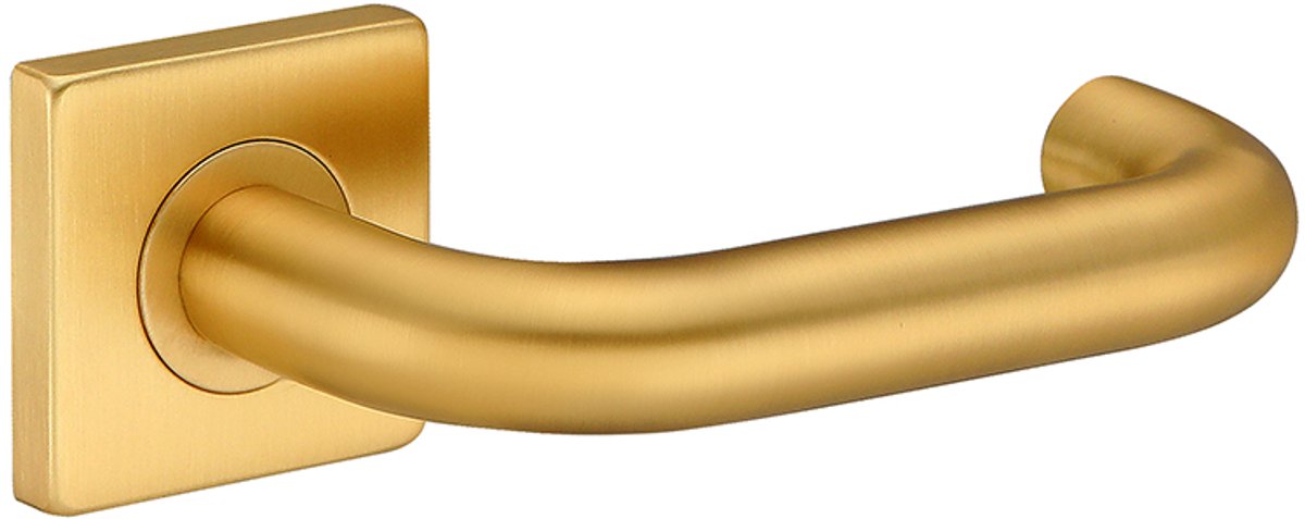 Deurkruk (2x) Leonardo rond model u 20mm haaks op vierkant rozet mat goud PVD gecoat | Ronde deurklinken