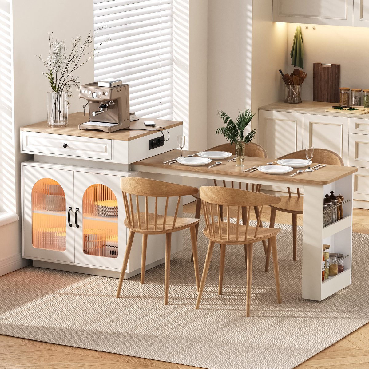 Clruro Eettafel - 128-200 × 71 × 92 cm - Uitschuifbaar met LED en USB - MDF/Glas - Wit