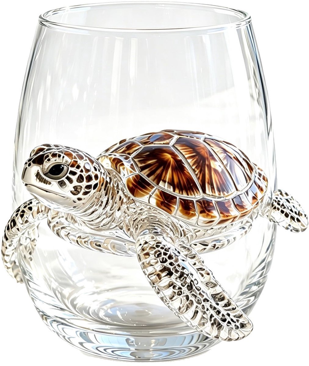 Casalora® Handgemaakt 3D Wijnglas zonder Voet – Maritiem Dier Design – Artistiek Drinkglas – Kustdecoratie – Cadeau voor Oceaanliefhebbers – Zeeschildpad