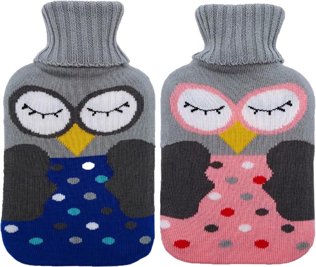 Warmwaterkruik met overtrek - 1 liter - warmwaterkruikhoes - gebreide hoes - afneembare en wasbare warmtezak met gebreide overtrek voor volwassenen en kinderen - roze + blauw