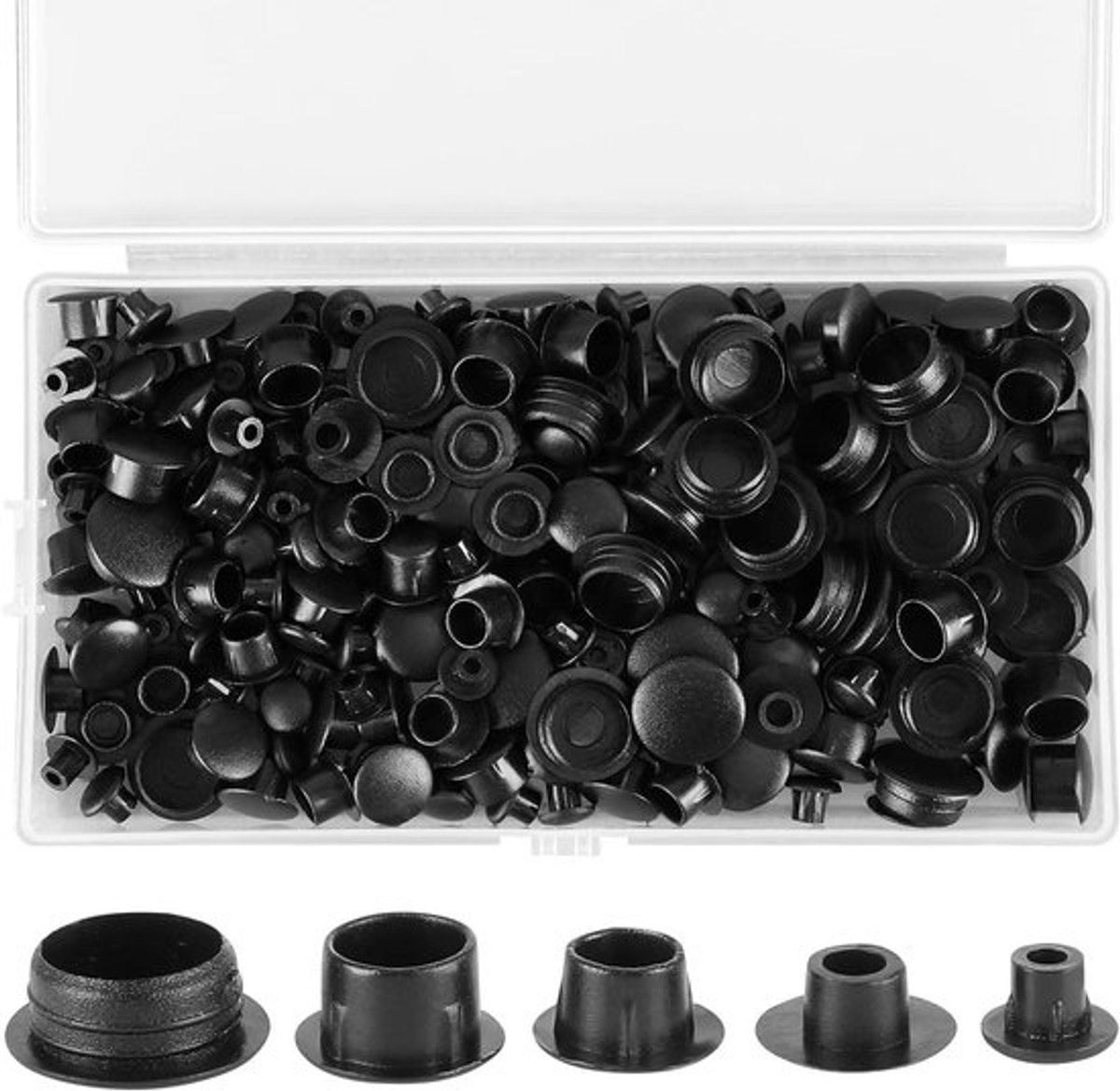 Set van 200 gatenafdekkappen, schroefdoppen van 5/6/8/10/12 mm, plastic afdekking, zwart met opbergdoos, blinde stopper voor meubels en apparaten