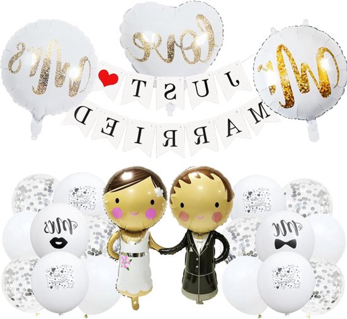 Ballonnen voor Bruiloft Versiering Just Married, Mr & Mrs Ballonnen, Bruiloft Decoratie met Folie Ballonnen en Slingers
