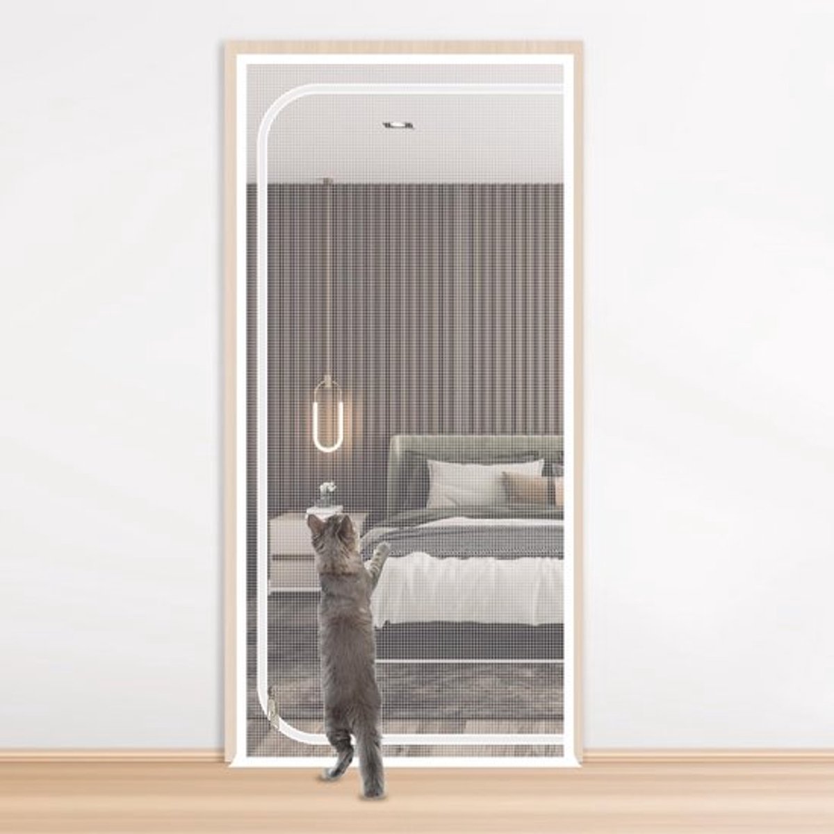 Huisdieren Schermdeur 85x200cm, Dubbelzijdige Rits, Krasbestendig Versterkt Gaas voor Katten en Honden (D-Vorm - Wit)