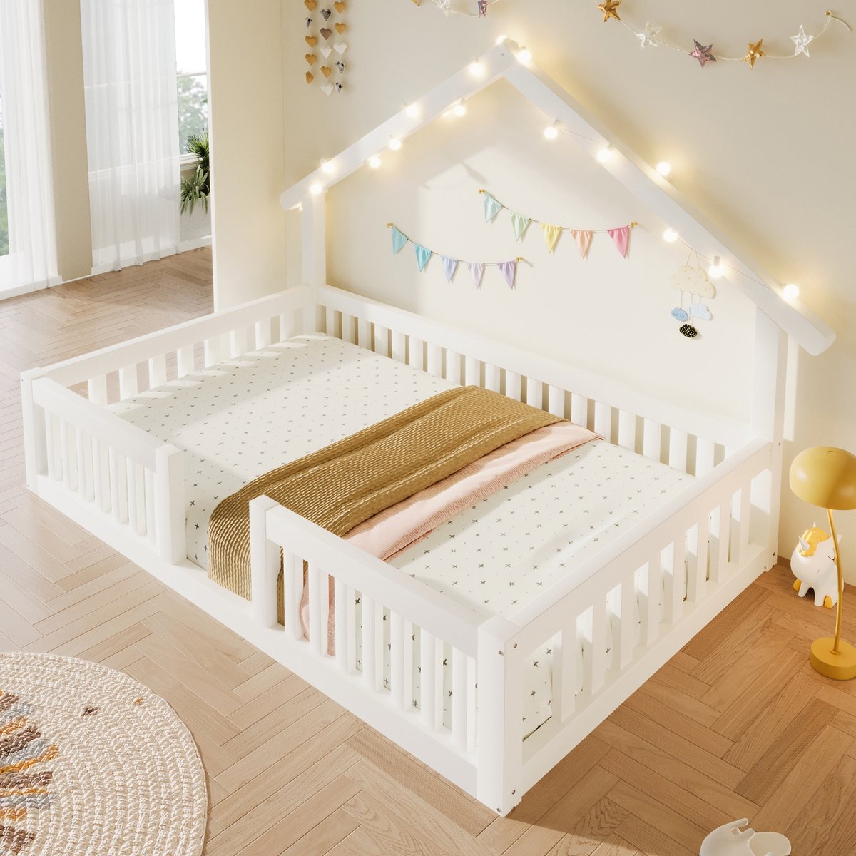 Sweiko Kinderbed - 90 x 200 cm - Houten bed - Met veiligheidshekjes - LED-lichtslinger - Huisvorm - Wit