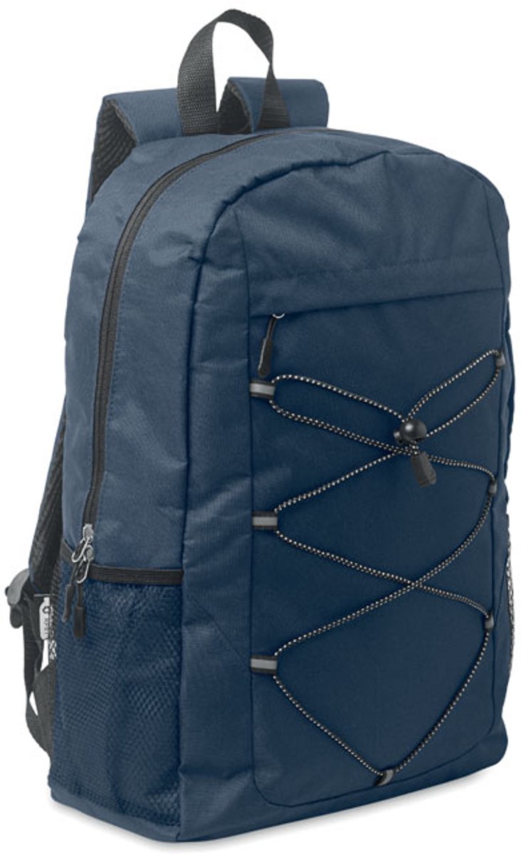 Rugzak van 600D RPET polyester met decoratief koord en ritsvak aan de voorkant. Meshzakken aan beide kanten. Marine Blauw