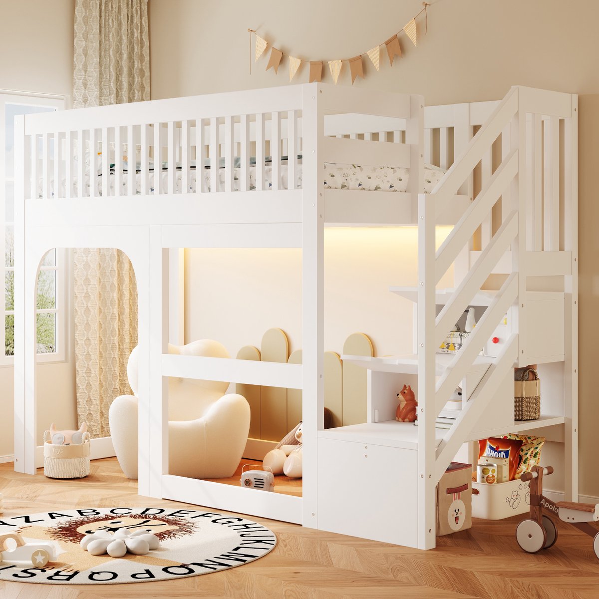 Sweiko Hoogslaper - 90 x 200 cm - Met opbergplanken - LED-verlichting - Veiligheidshek - Kinderbed - Wit