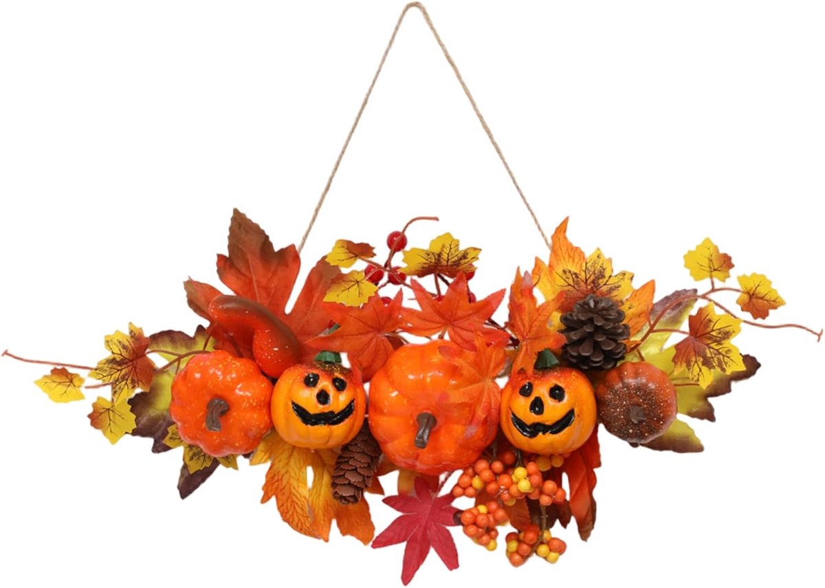 Herfstkrans met pompoenen en esdoornbladeren - inclusief ophangtouw - Geschikt voor voordeuren - Perfect voor Halloween en andere feestdagen