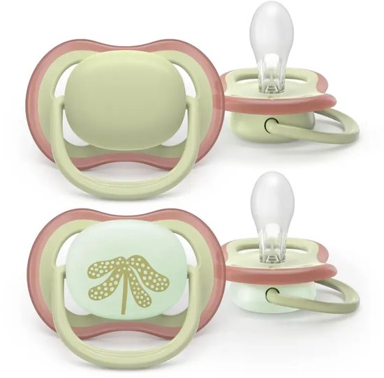 Twee lichtgroene Philips Avent fopspenen met een roze rand en een vlinderprint.