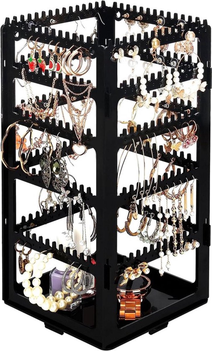 Sieraden Organizer - Acryl - Opvouwbaar - 5 Laags - Sieradenopslag - Oorbellen - Armbanden - Kettingen - 220 Paar Oorbellen - Zwart - 4 Zijdig Display - Geschikt voor Sieraden - Model met Opslag - 4 Panelen - Informatie