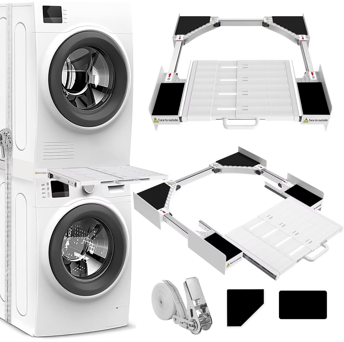 Universele Stapelkit voor Wasmachine en Droger - Verbindingsframe met Spanband voor Wasmachine/Droogkast 53-68 cm - Tussenframe met Uitschuifbare Legplank - Veilige Ruimtebesparende Oplossing voor Wasruimte en Bijkeuken