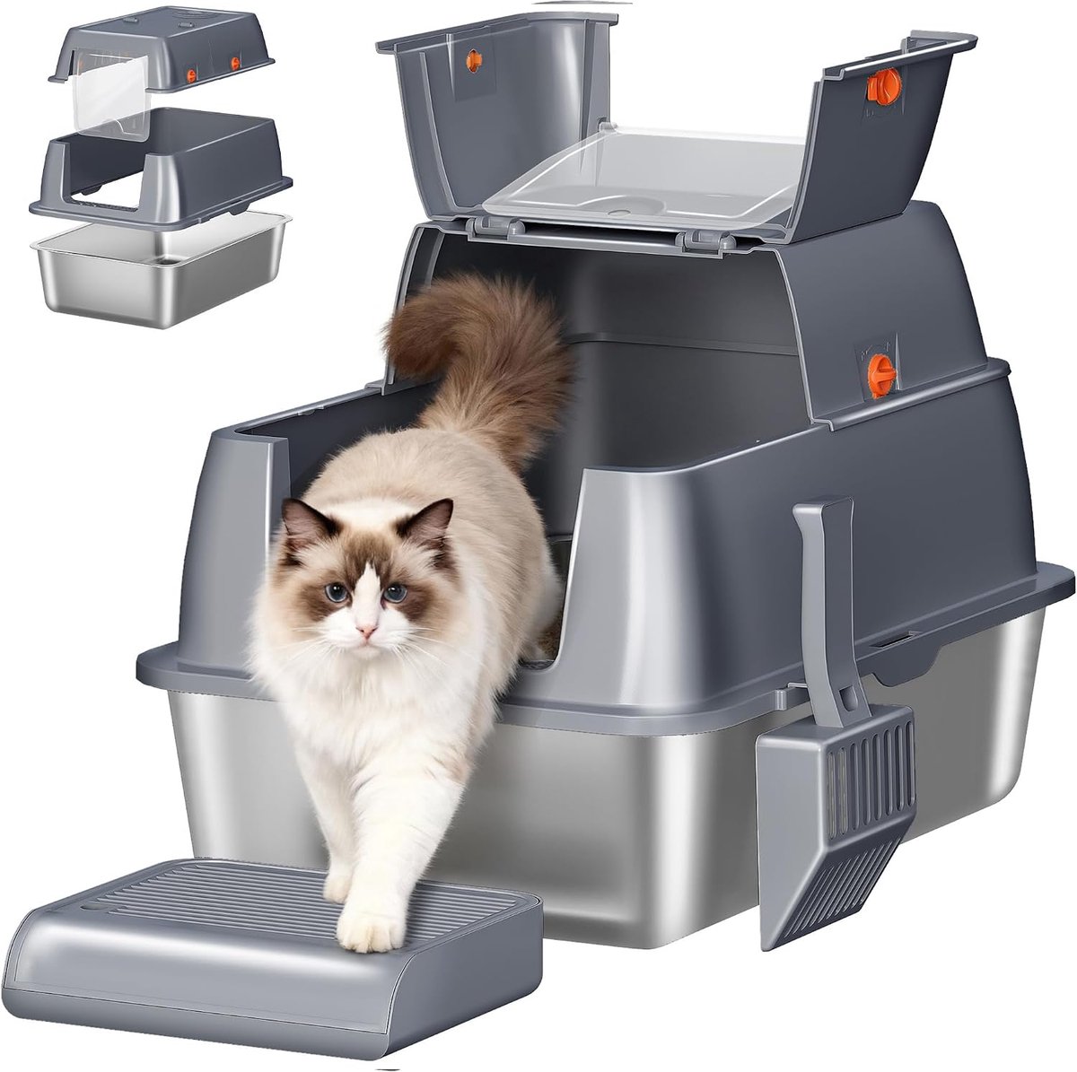 Hzuaneri Roestvrijstalen Kattenbak met Deksel XXL, 61x41x40cm, Donkergrijs, Gesloten Metalen Kattenbak, 180° Scharnier Deksel, Pedaal en Schepje, Eenvoudig Schoon te Maken, Modulair Ontwerp