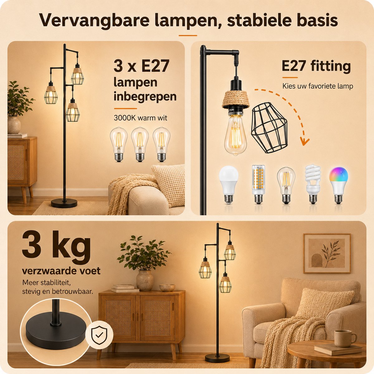 Lapamax Vloerlamp Industrieel Zwart - Traploos Dimbare Hoeklamp met E27 LED Lampen 3000K thumbnail 2