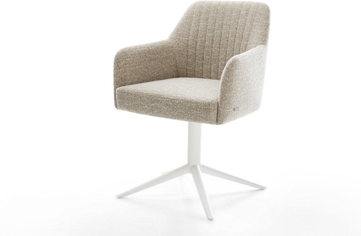 Eetkamerstoel Greg-Flex kruispoot wit geweven stof beige 360° draaibaar rocker-functie pocketveer kern
