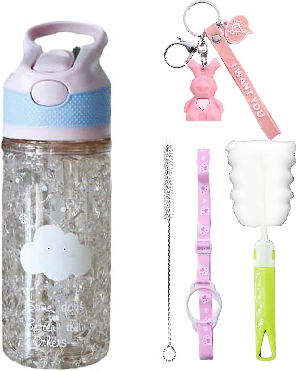 Kid Travel Water Bottle with Straw Handle (Small Cloud Pink, 400ml) - ShopVlot