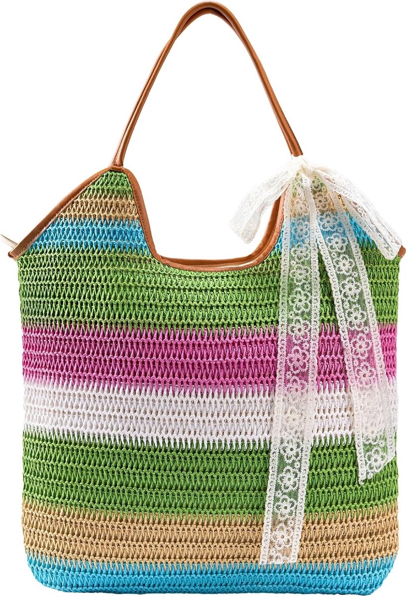 boshiho Straw Beach Bag Women's XXL Colourful Extra Large Braided Beach Bag Shopper Boho Beach Bag with Maximum - ShopVlot