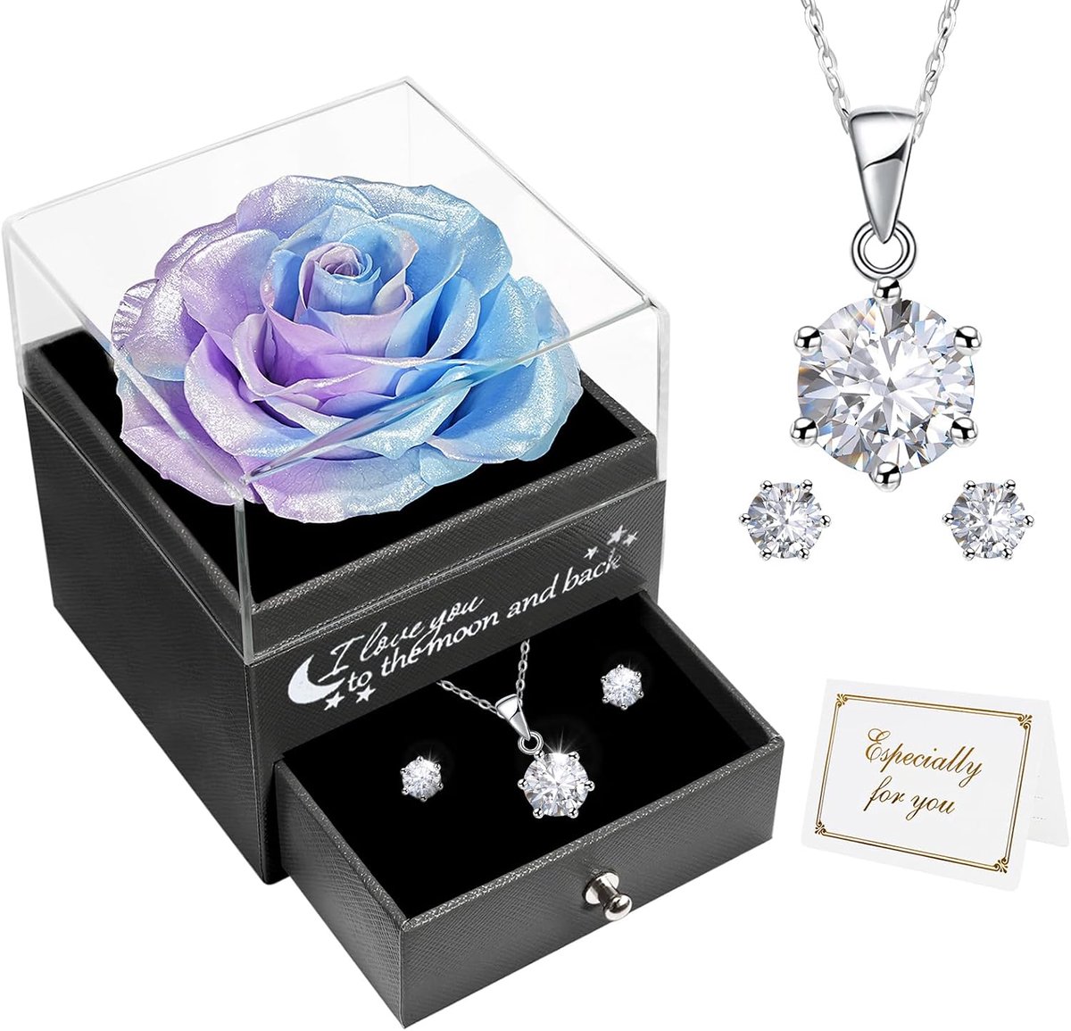 Miofula Originele cadeaus voor dames, eeuwige roos, natuurlijk, geconserveerd, met halsketting, oorbellen, roze - ShopVlot