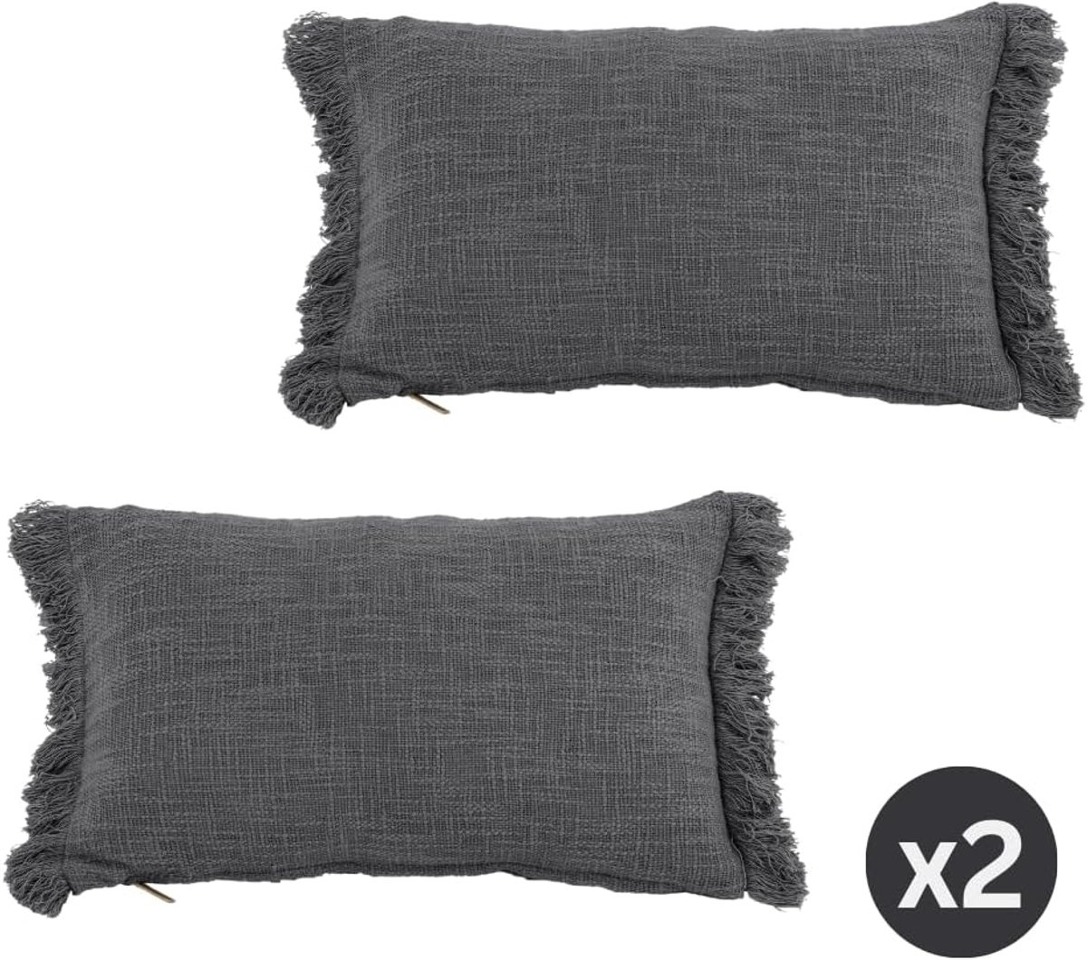 Tiseco Home Studio - Kussen (gevuld) COTTON SLUB - SET/2 - franjes - Rechthoek - 30x50 cm - Grijs - ShopVlot