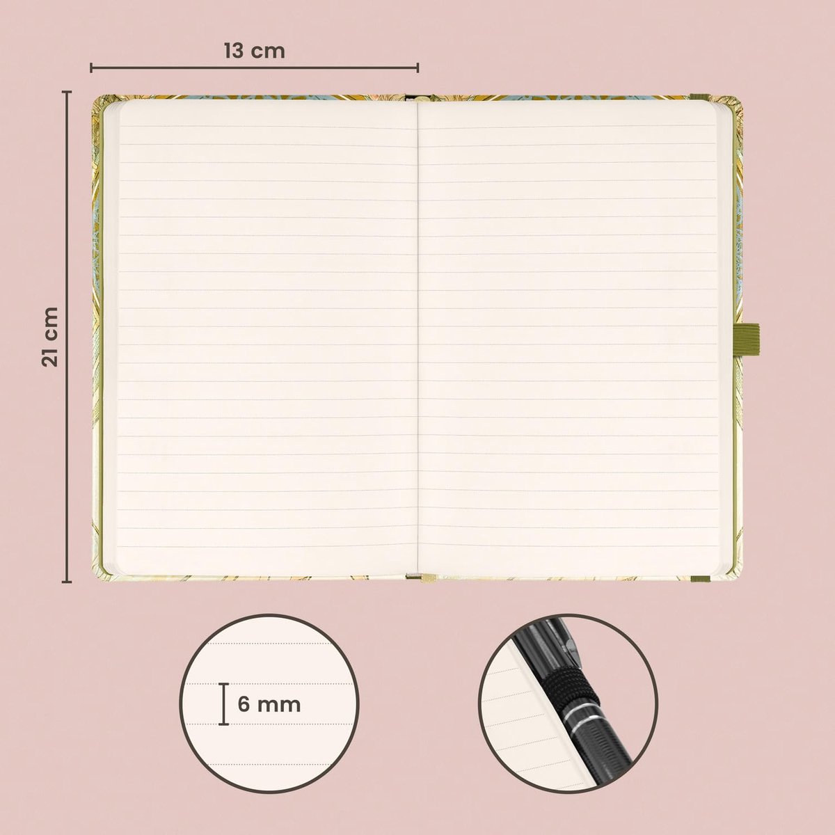 NOTIQUE Notitieboek, gelinieerd met elastiek 13x21cm ca. A5, designer hardcover notebook, notitieblok, notitieboek - ShopVlot