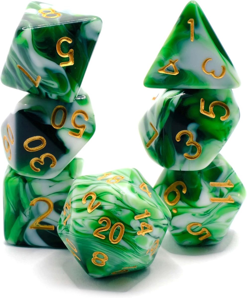 Green Delight - Polyset Dice - Polydice - Green White Pearlescent Marble Translucent Transparent and Gold - ShopVlot