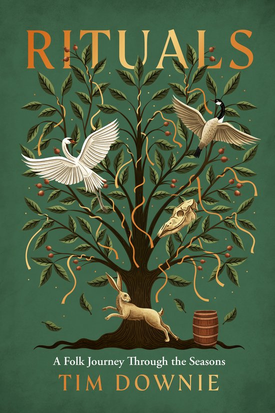 Couverture de livre avec le titre 'RITUALS' en lettres orange. Un arbre aux feuilles vertes, rubans oranges, baies rouges, un lapin, une grue, une oie et un crâne.