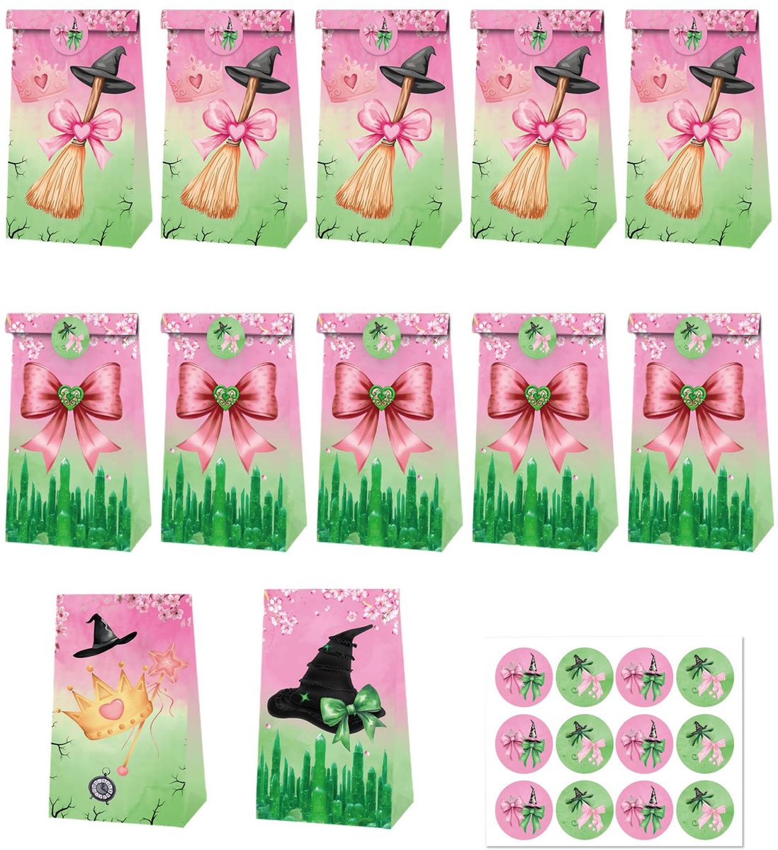 Heks en prinses feestzakjes met stickers, 12 stuks roze strik en heksenhoed geschenkzakjes kraftpapier goodie - ShopVlot