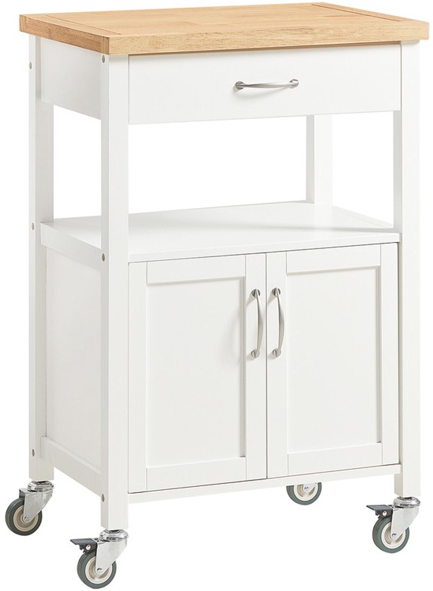 SoBuy Keukentrolley op Wielen – Keuken Trolley met Werkblad, 2 Deuren en 1 Lade – Klapbare Bovenplank en Verstelbare Plank – Wit Licht Eiken FKW22-II-WN