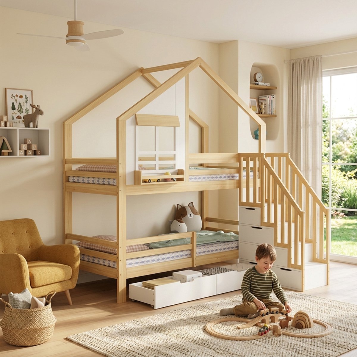 Stapelbed 90x200 cm - kinderbed - met twee lades op wieltjes - raam - veiligheidsladder met leuning - wit en houtkleur