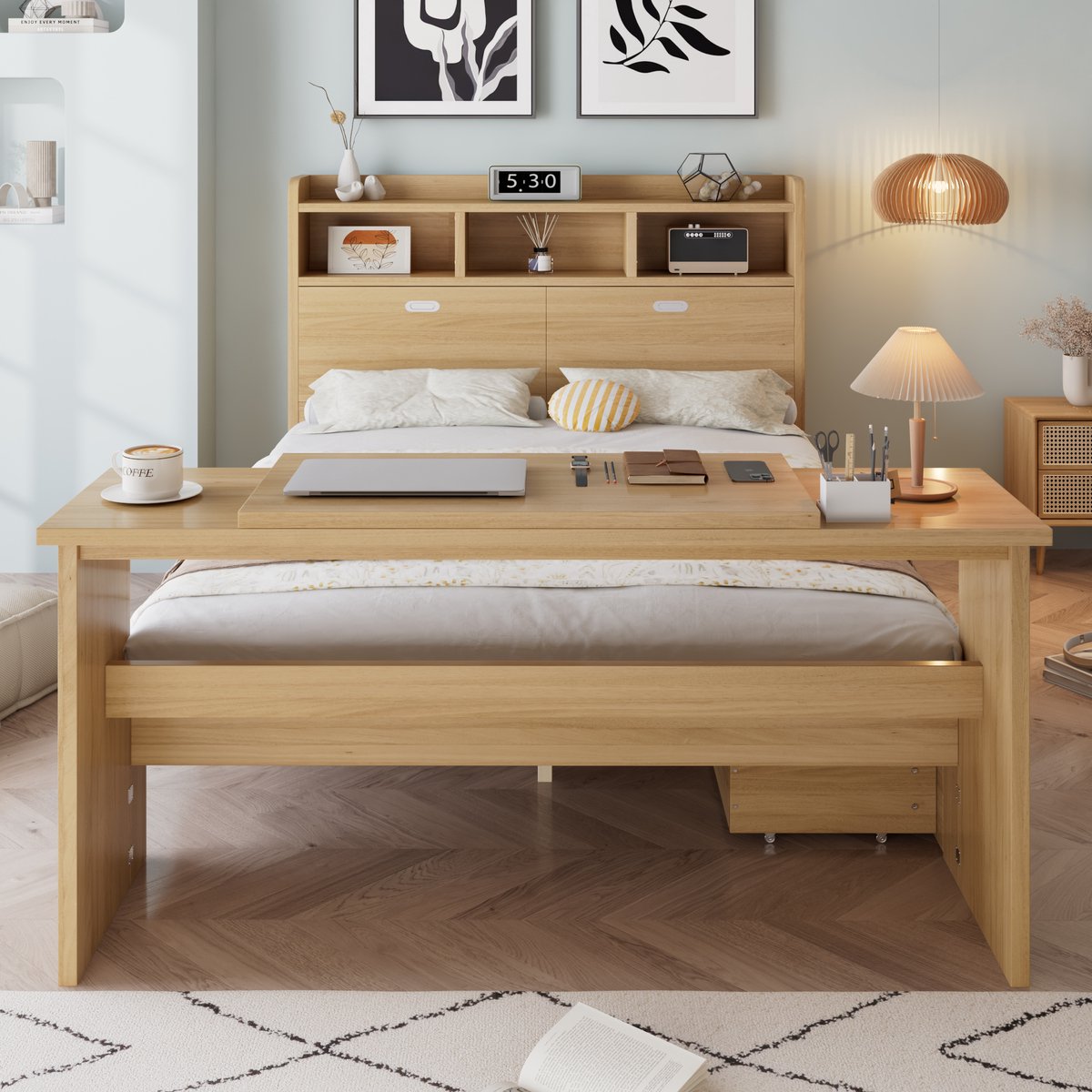 Kinderbed 140x200 cm - met opbergruimte - met hoofdbord - uitschuifbare lade en verstelbaar inklapbaar bureau - houtkleur