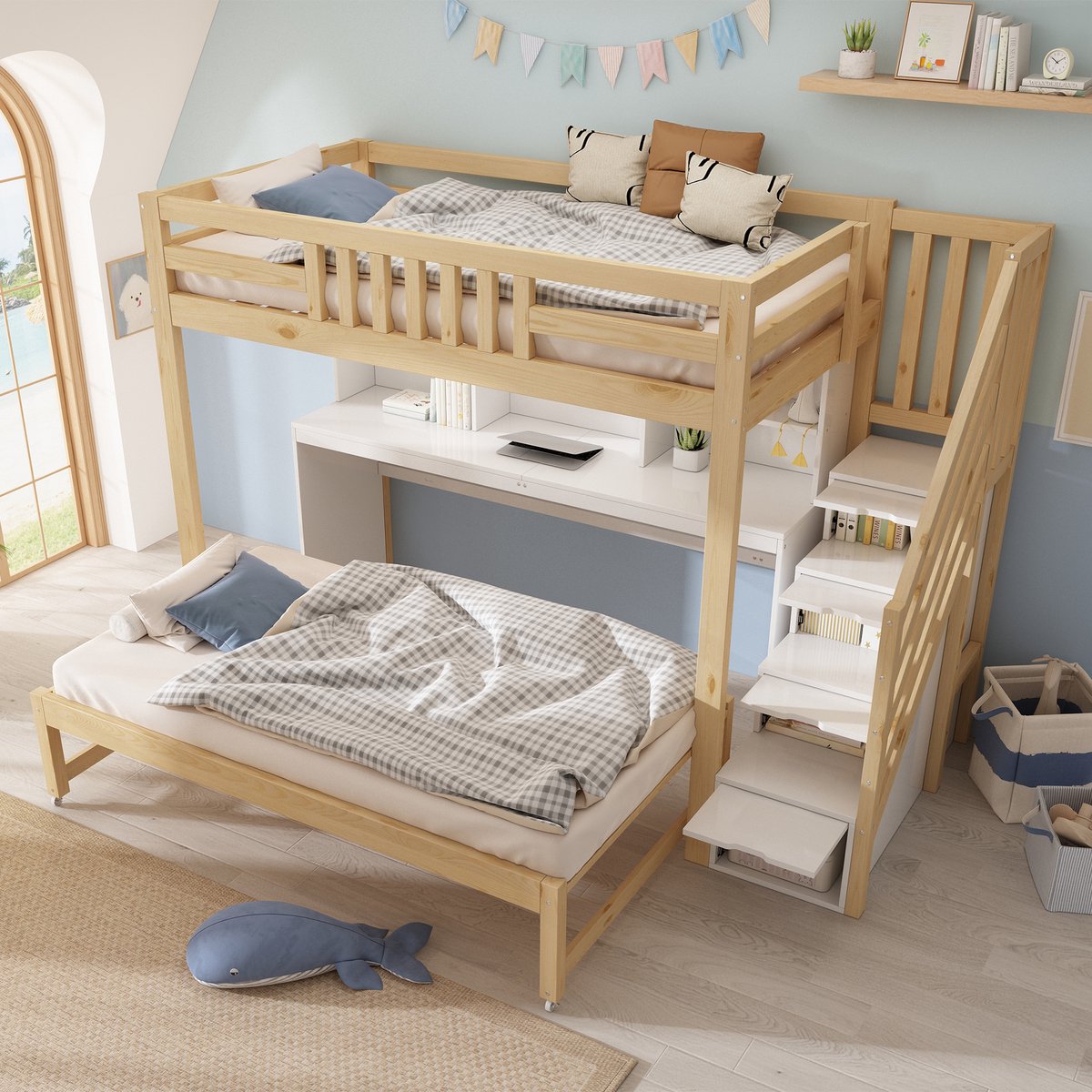 Merax Kinderbed - stapelbed 90x200cm - 90x190cm - met uittrekbaar bed - bureau - trapkast en boekenplank - wit en houtkleur - zonder matras