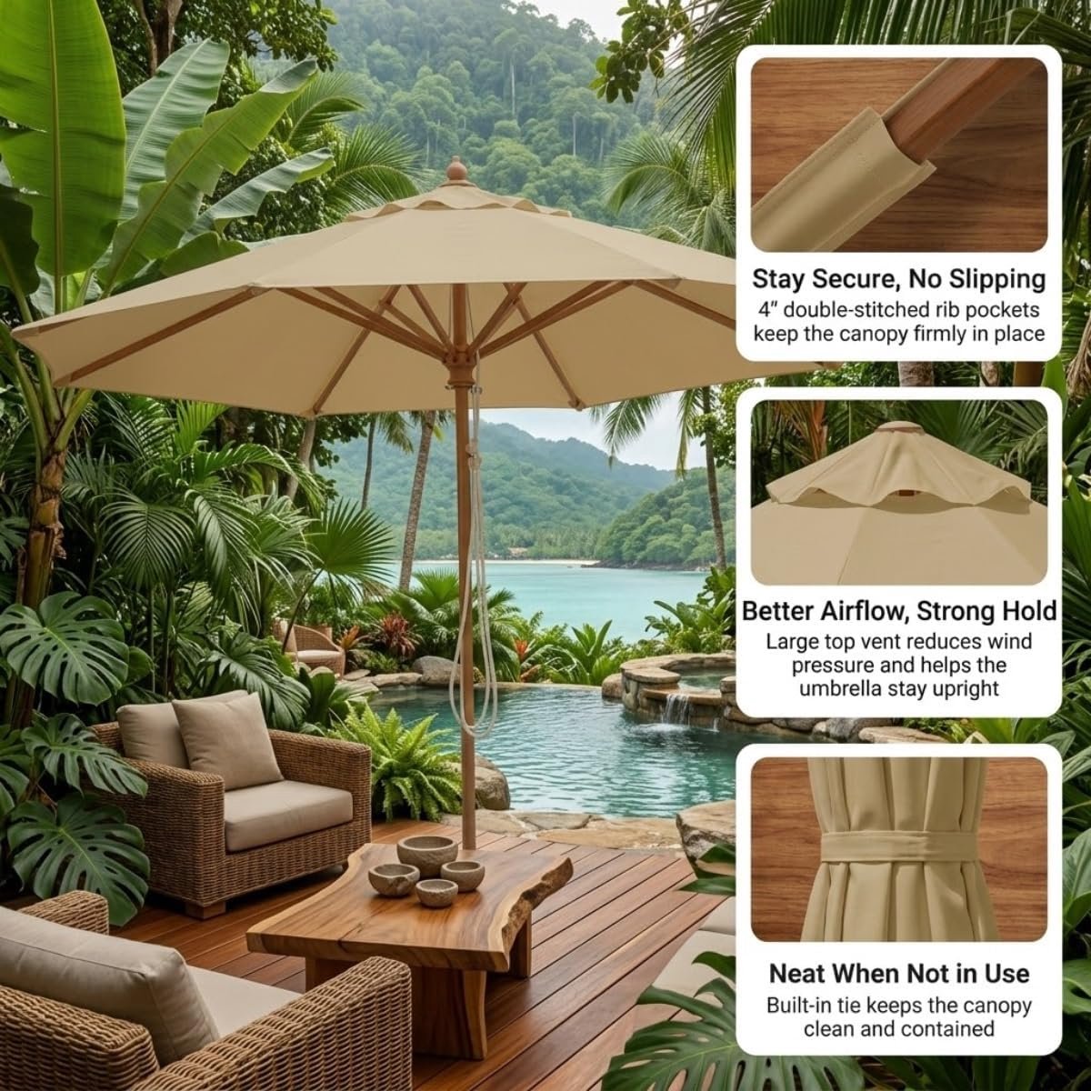 Vervangend doek voor parasols met 8 baleinen – Waterdicht doek – Groot parasoldoek voor buiten – Vervangend doek voor terras-, middenmast- en zweefparasols – Vervangende zonwering – Geschikt voor markt- en terrasparasols – Diameter 300 cm – foto 3