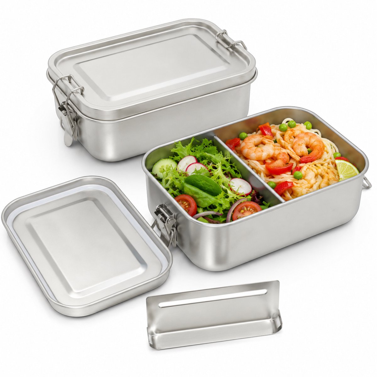 RVS Bento Box-850 ml - RVS Lunchbox met Uitneembare Verdeling - Lekvrije Broodtrommel en Stapelbare Vershoudbakjes - 304 Roestvrij Staal - voor Werk, School en Camping-Een verdeler voor een bentobox