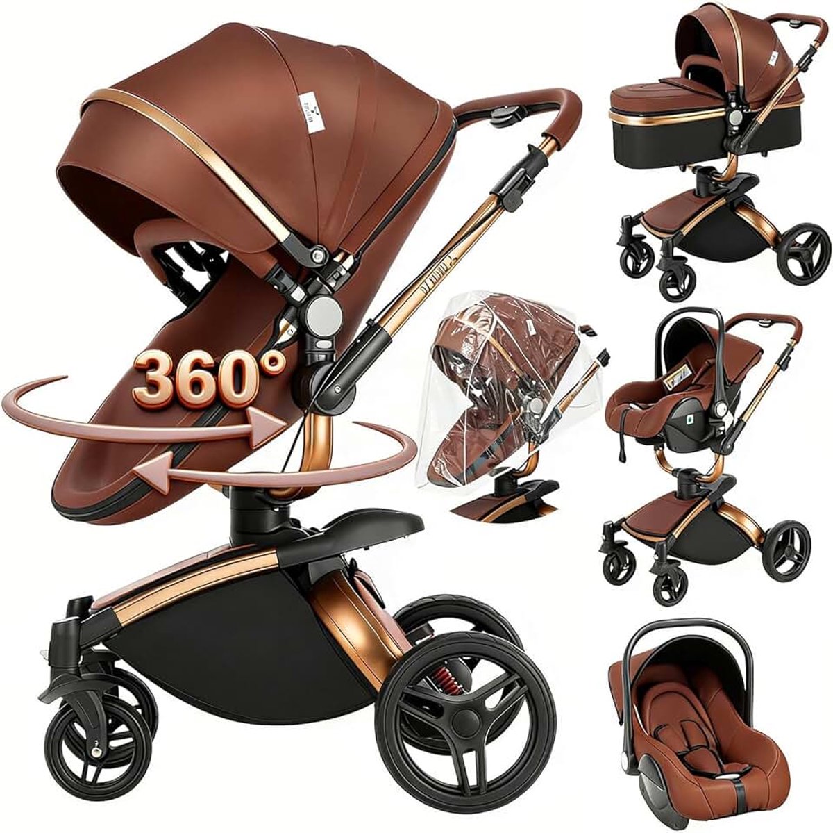 ZC 360° draaibare PU-leer kinderwagen 3 in 1, kinderwagen set met omkeerbare dubbele schuifmodus, combikinderwagen 3 in 1 grote babywanne, buggy-frame aluminiumlegering opvouwbaar (906 bruin)