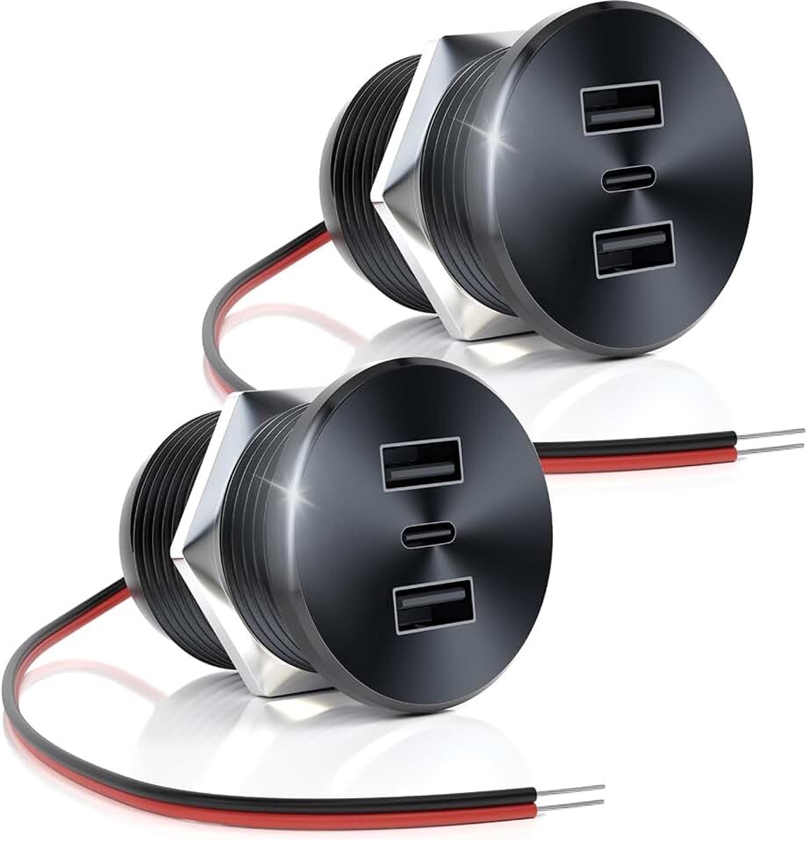 12 V USB-aansluiting, volledig aluminium, QC 3.0 USB-A en USB-C PD3.0, dubbele snelheidslader, inbouwmontage Type-A Type-C-poort voor camper, camper, boot, vrachtwagen (zwart, 2P)
