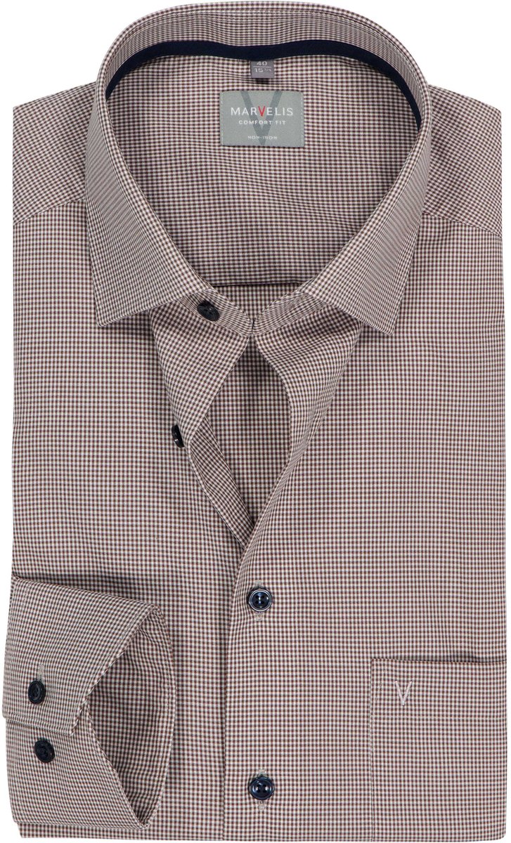 MARVELIS comfort fit overhemd - popeline - donkerbruin met wit geruit - Strijkvrij - Boordmaat: 46 (EU maat: XXL)