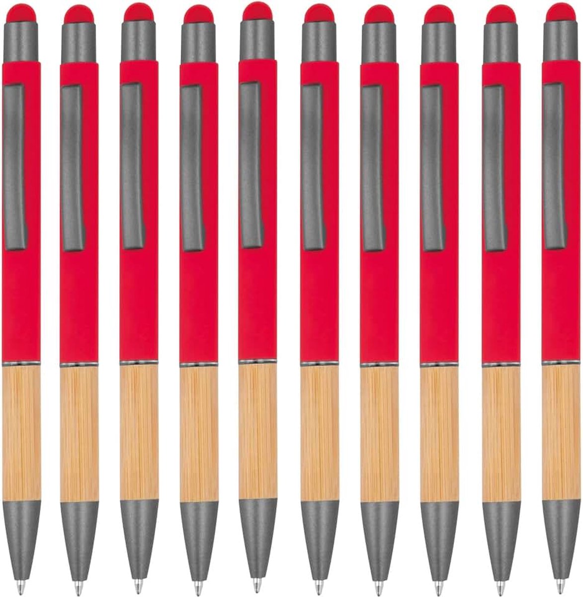 NoTrash2003 10 ergonomische balpen met metalen punt en bamboe gripzone en touch-functie, 10 kleuren, drukbalpen, meerkleurig, blauw schrijvend, rood