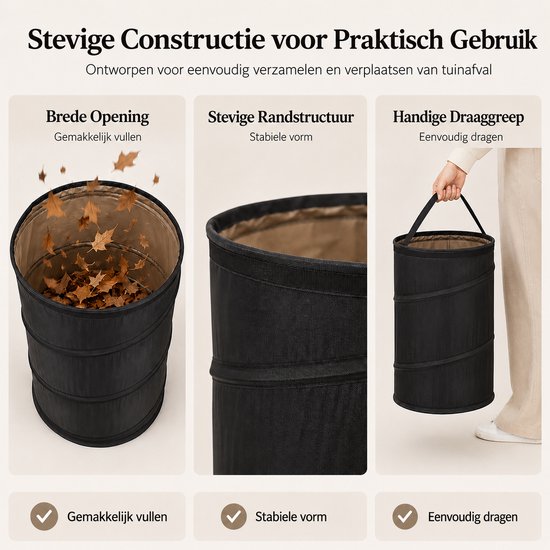Opvouwbare Tuinafvalzak 16L - Opvouwbare Bladenzak - Zelfstaande Tuinzak - Voor Bladeren, Groenafval & Camping - Ø25 x 32 cm - Zwart — afbeelding 2