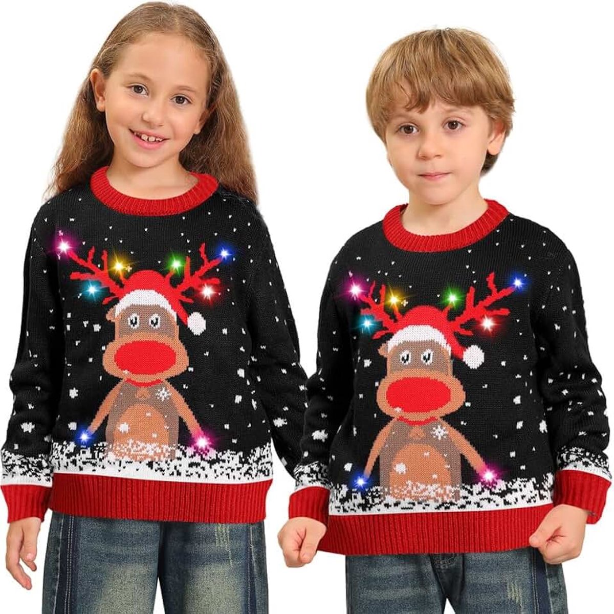 Kersttrui met verlichting, foute kersttrui met rendierprint met sjaal, voor dames en heren, koppels