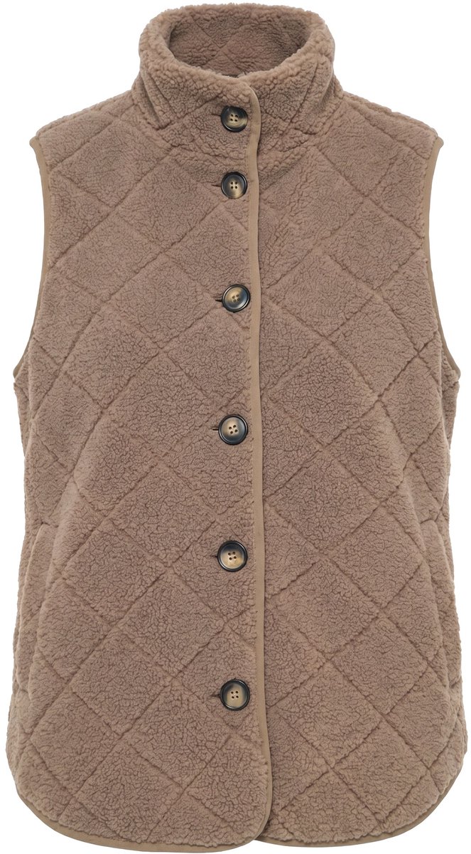 Ulla Popken - Dames - Bodywarmer teddyfleece ruitjespatroon opstaande kraag - Taupe - Maat 54+