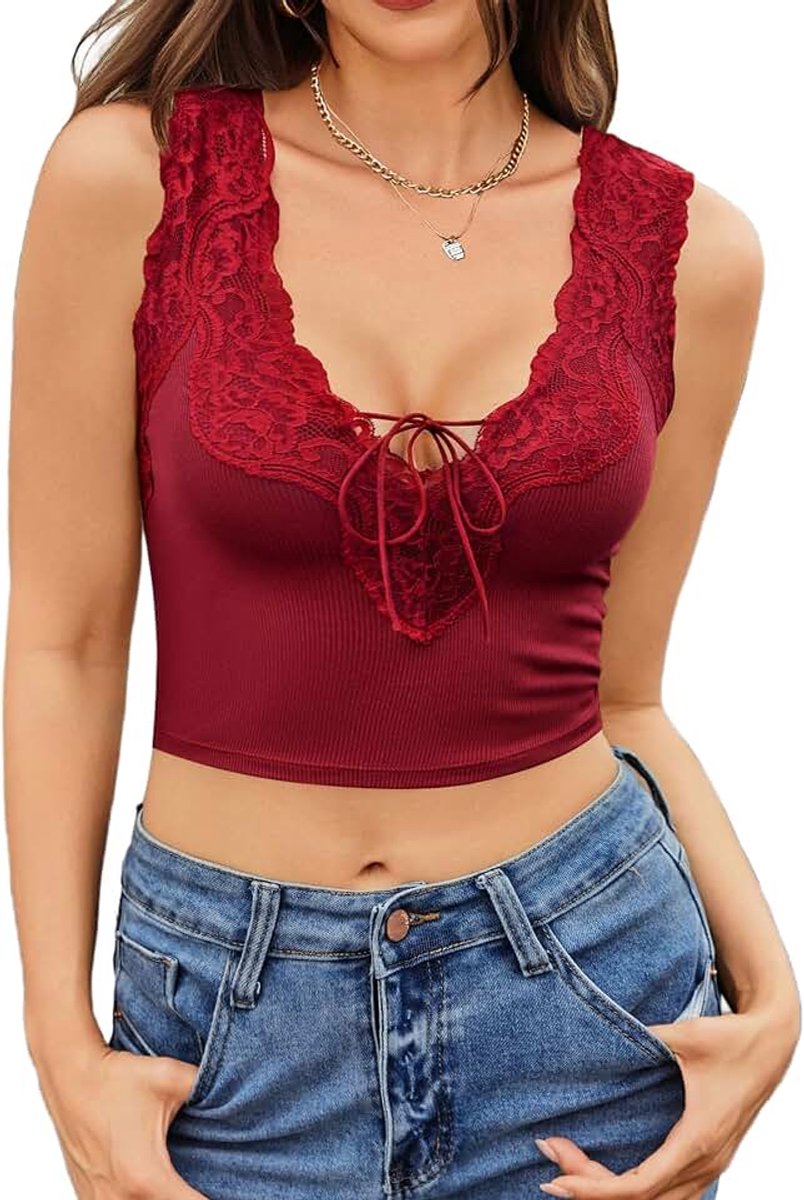 Onderhemd dames mouwloos bovendeel slim fit basic crop top V-hals tank tops stretch sexy kant bustier zomer Y2K buikvrij vest