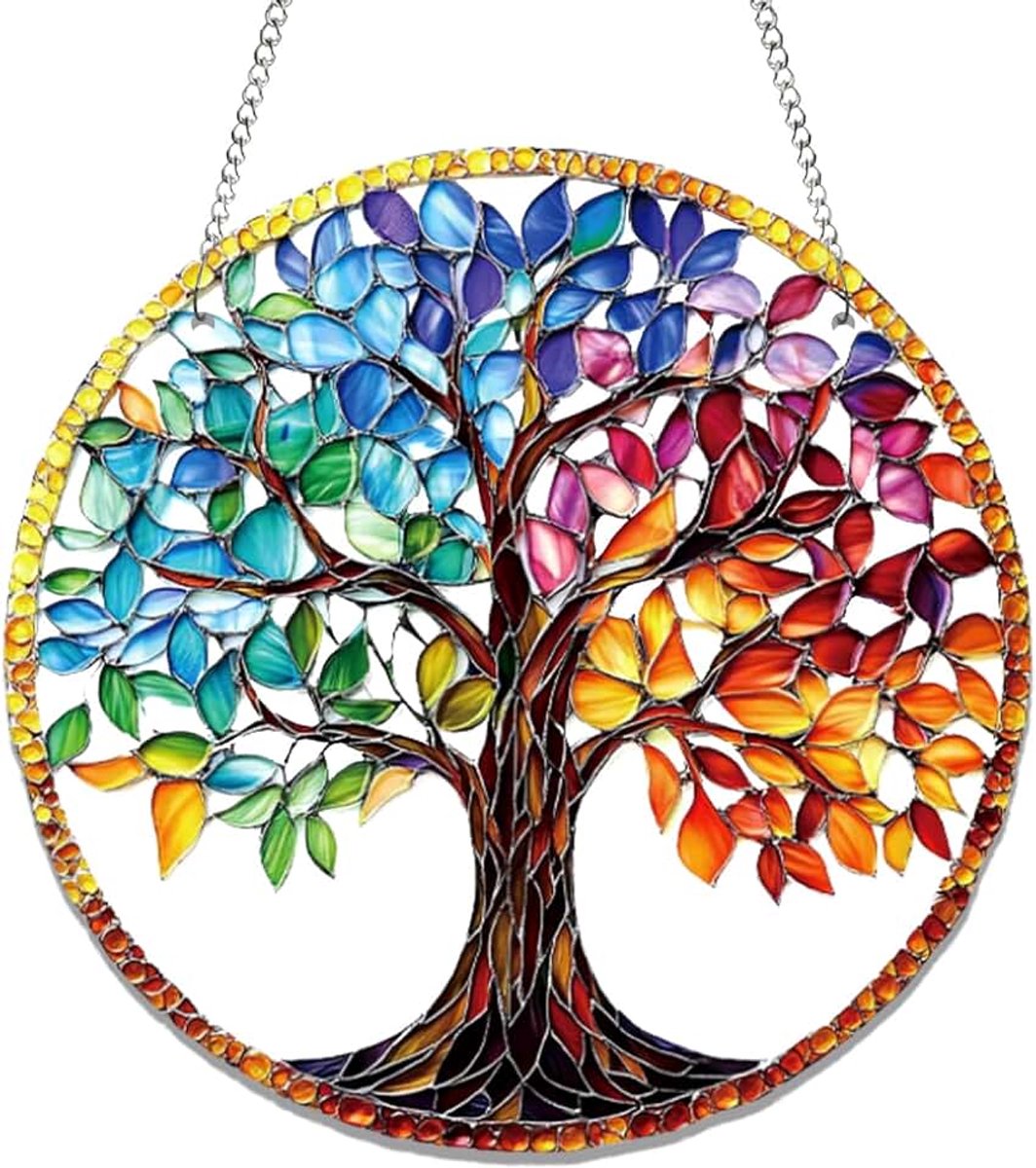 Zonvanger 20 x 20 cm, kleurrijke bomen acryl zonnevanger, levendige tuin hangende ornamenten met ketting voor thuis buiten muur slaapkamer woonkamer balkon decor