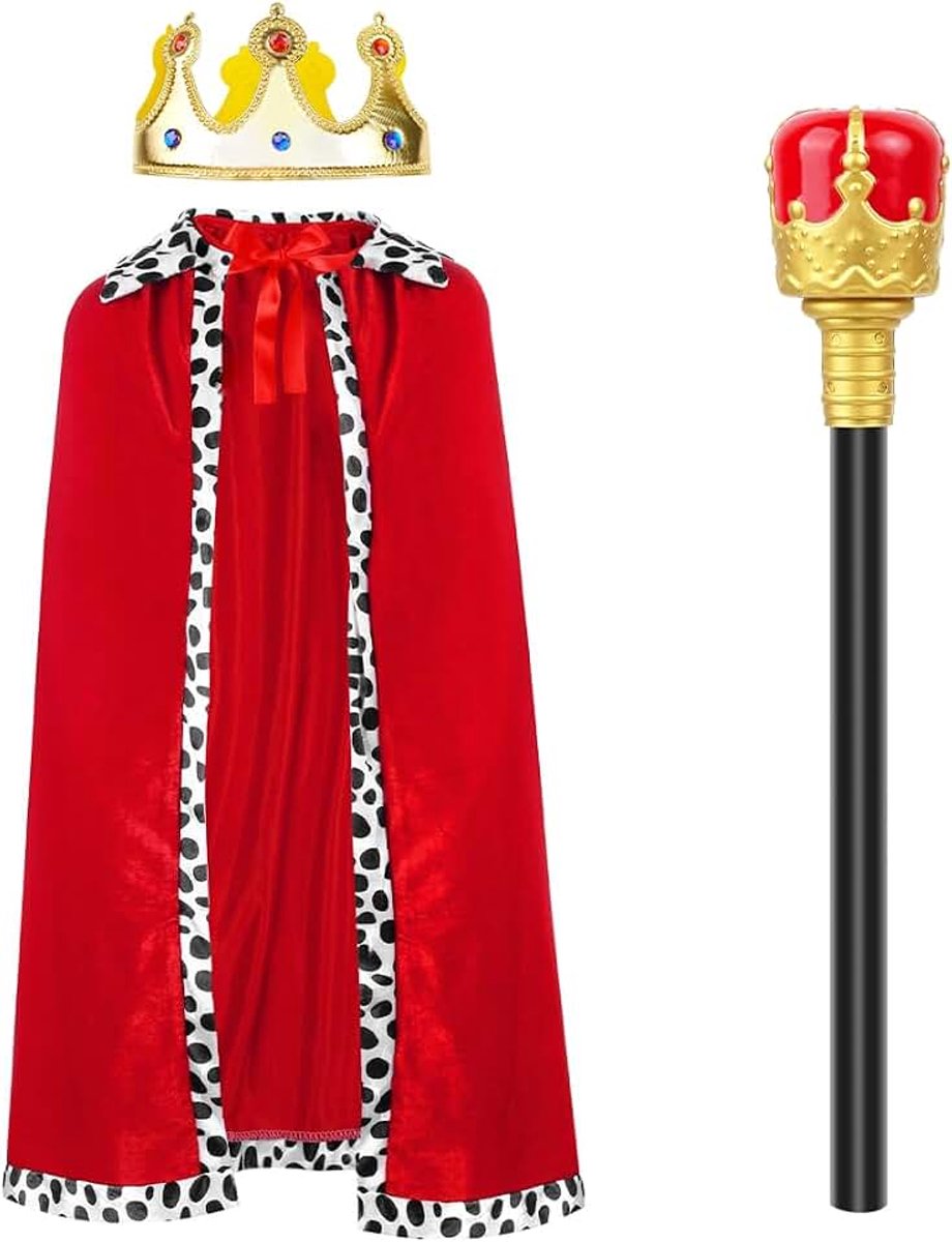 3 stuks koningskostuum voor volwassenen, kroon, koning, koningskape, zwarte koningsscepter, carnavalskostuum, accessoires voor carnaval, Halloween, themafeest