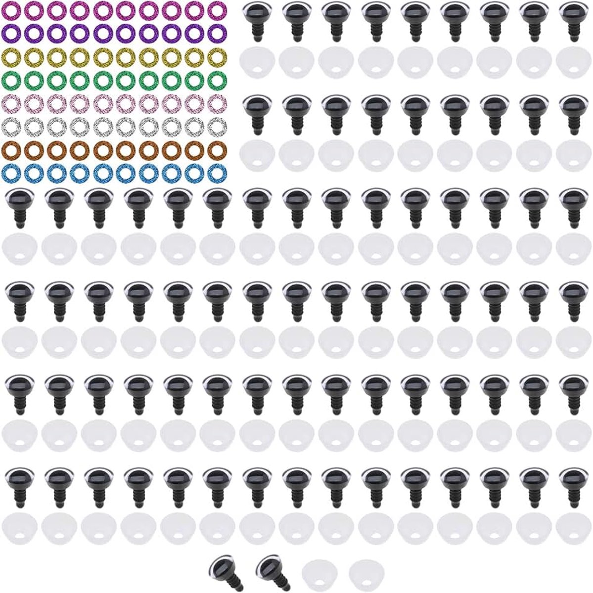 Ogen, 12 mm, plastic fonkelende glitterogen met glitterringen voor speelgoed, teady, beer, zacht speelgoed, gehaakt speelgoed, knuffeldieren, pop maken, 8 verschillende kleuren