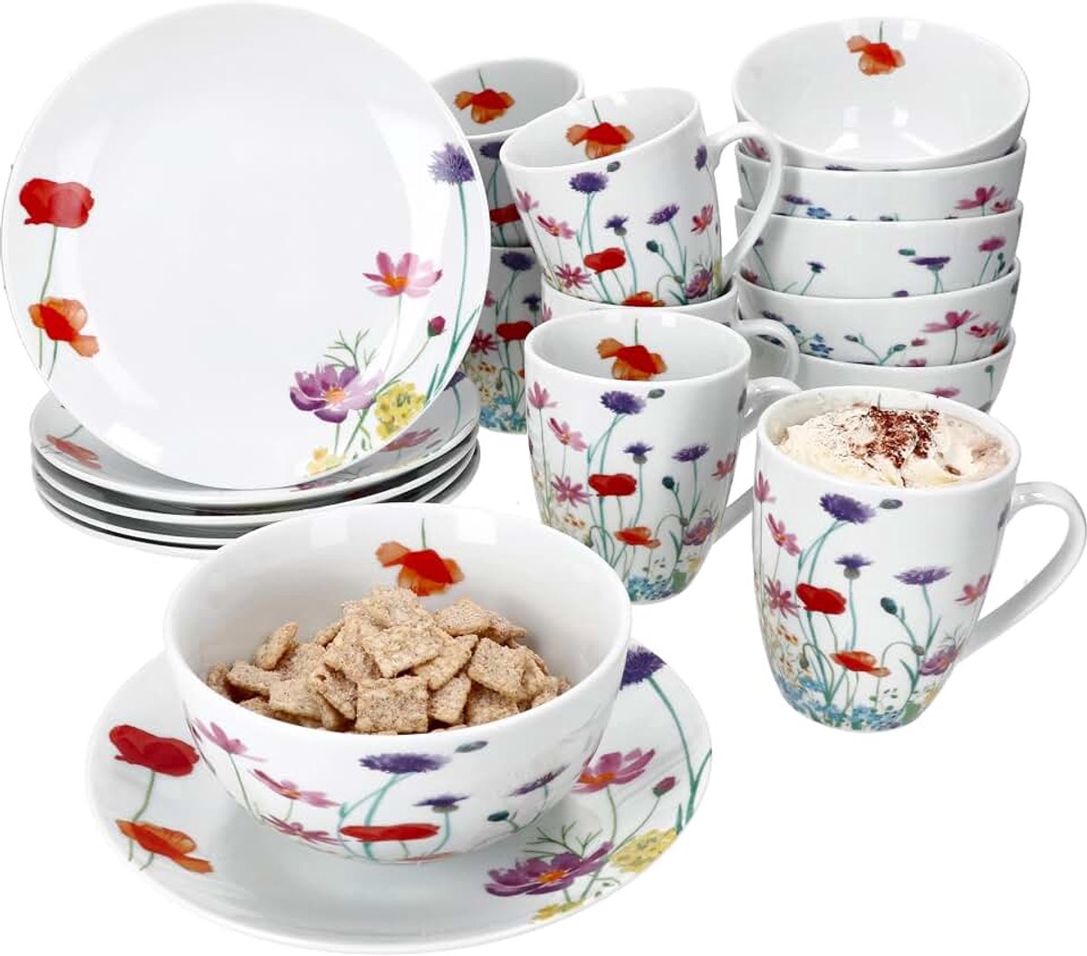 Marie 18-delig ontbijtset | Porselein servies met bloemenweide-decor voor 6 personen | Per stuk 6x borden, schalen 400ml & mokken 320ml voor ontbijt & koffie