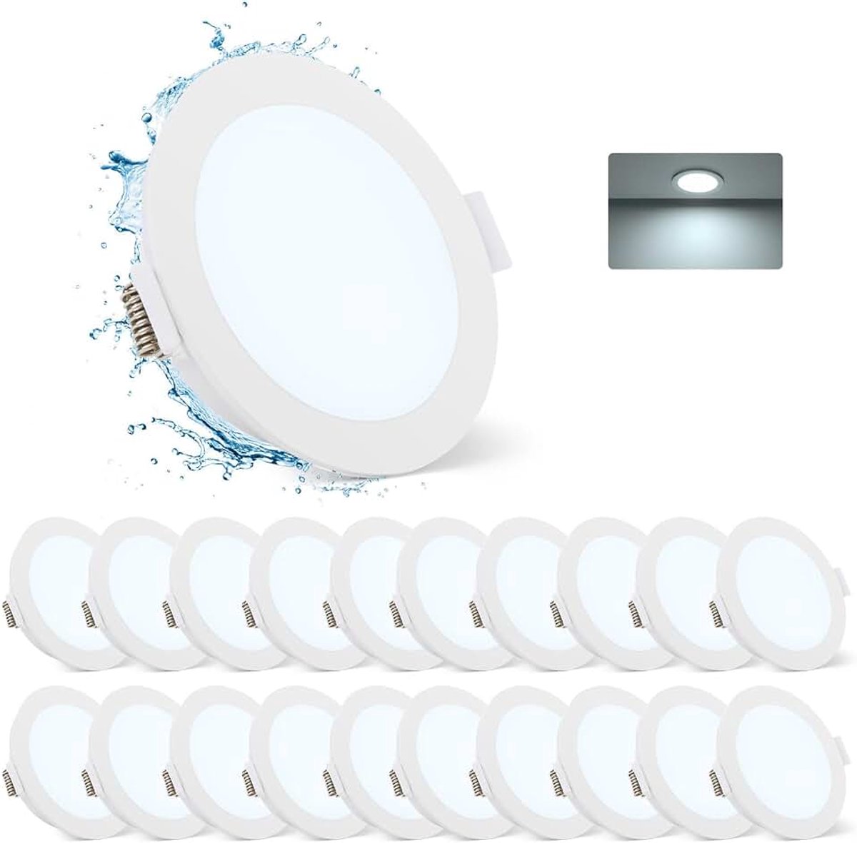 LED inbouwspot IP65, LED spots 230V 68mm 5W 6500K koud wit 400LM, spots plafondlamp plat 35mm, plafondspots wit, inbouwspots inbouwlampen voor de badkamer keuken woonkamer, set van 20