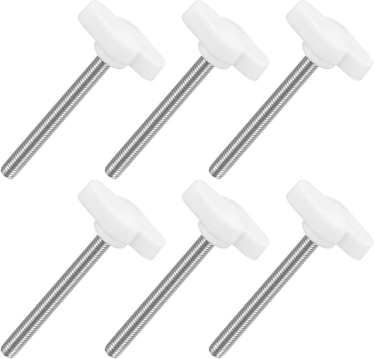 M5 x 50 mm kartelschroeven, 6 stuks T-vleugelknoppen, buitendraad, roestvrij staal 304, moergreep, verstelbare handgrepen, handmatige bevestiging voor machine, wit, 27 mm breed