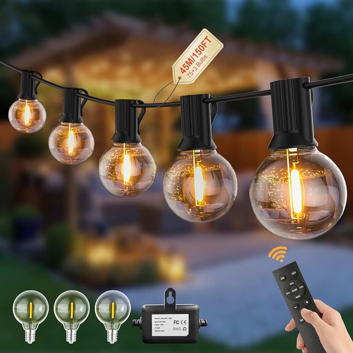 Lichtsnoer voor buiten, Dimbaar, G40 45m, met 75 Gloeilampen,Netstroom 24V met Afstandsbediening,Lichtketting voor Buiten,Stroom,met Afstandsbediening,Voor Tuin,Camping,Paviljoen,Terras