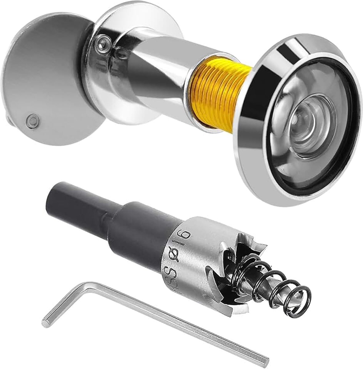 Deurspion, 220° groothoek, optische glazen lenzen, boren met deurspion Ø 16 mm, ringdeurspion, de deurspion is in lengte verstelbaar en geschikt voor deuren met een dikte van 40-60 mm (zilver)